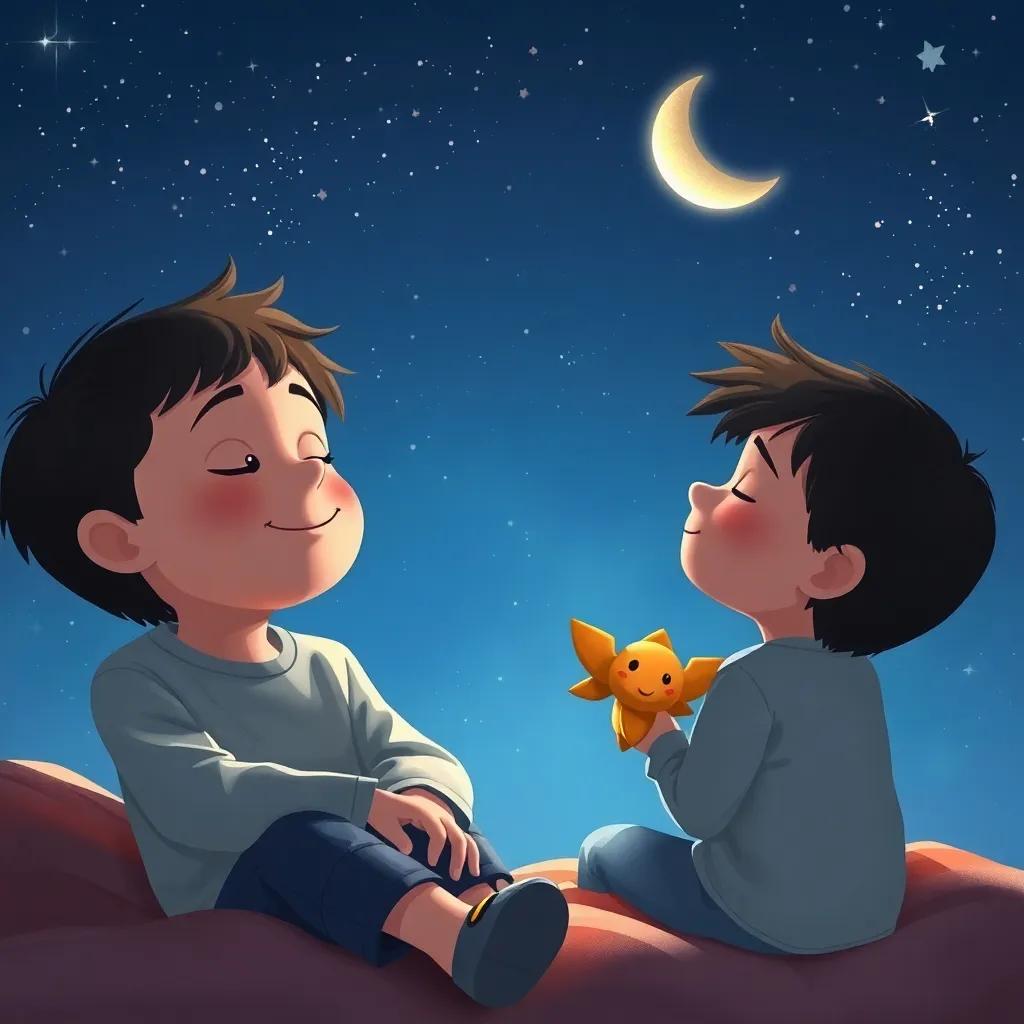 Los niños sentados juntos bajo un cielo estrellado, soñando y planeando su próxima aventura, con una suave luz de luna y un caramelo volador en el fondo, ilustración cálida, un sentimiento de aventura y curiosidad, alta calidad