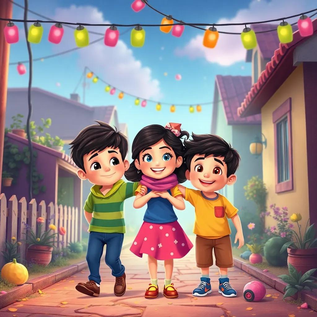 Tres niños, Alex, Sofía y Marco, abrazándose con felicidad en su vecindario, recordando su aventura en el mundo de dulces, colorido, cálido, mágico, artísticamente encantador, calidad alta