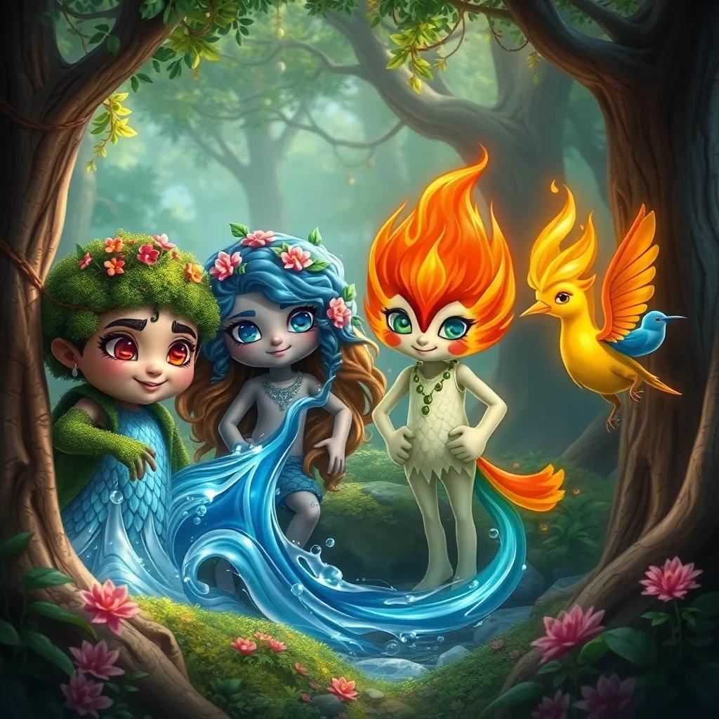 Four elemental friends in a magical forest called Verdeor, representing Earth, Water, Fire, and Air. Earth is robust and kind, with moss skin and flower hair. Water flows like a clear river, shimmering scales under the sun. Fire is vibrant and fast, ready to light the dark. Air carries flower fragrance and bird songs, digital art, colorful, enchanting atmosphere, high quality.