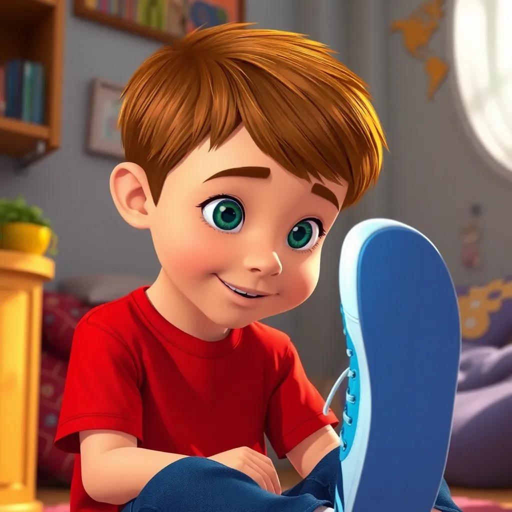 Un niño llamado Lucas, con cabello castaño, usando una camiseta roja, sentado en su habitación, mirando unos zapatos brillantes azules con asombro, digital art, alegre, colores vibrantes, perspectiva cercana, alta calidad