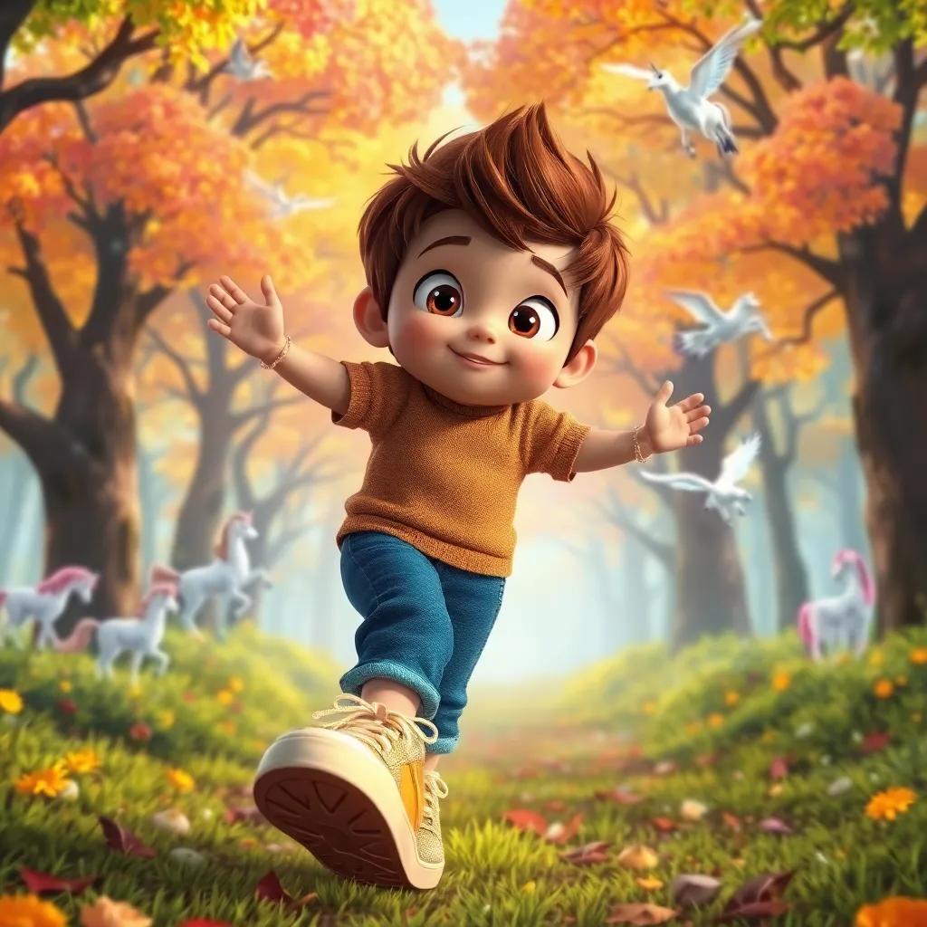Lucas, un niño con cabello castaño, usando los zapatos brillantes, en un bosque mágico lleno de árboles coloridos, unicornios y hadas volando, digital art, mágico, atmósfera encantadora, visto desde abajo, alta calidad