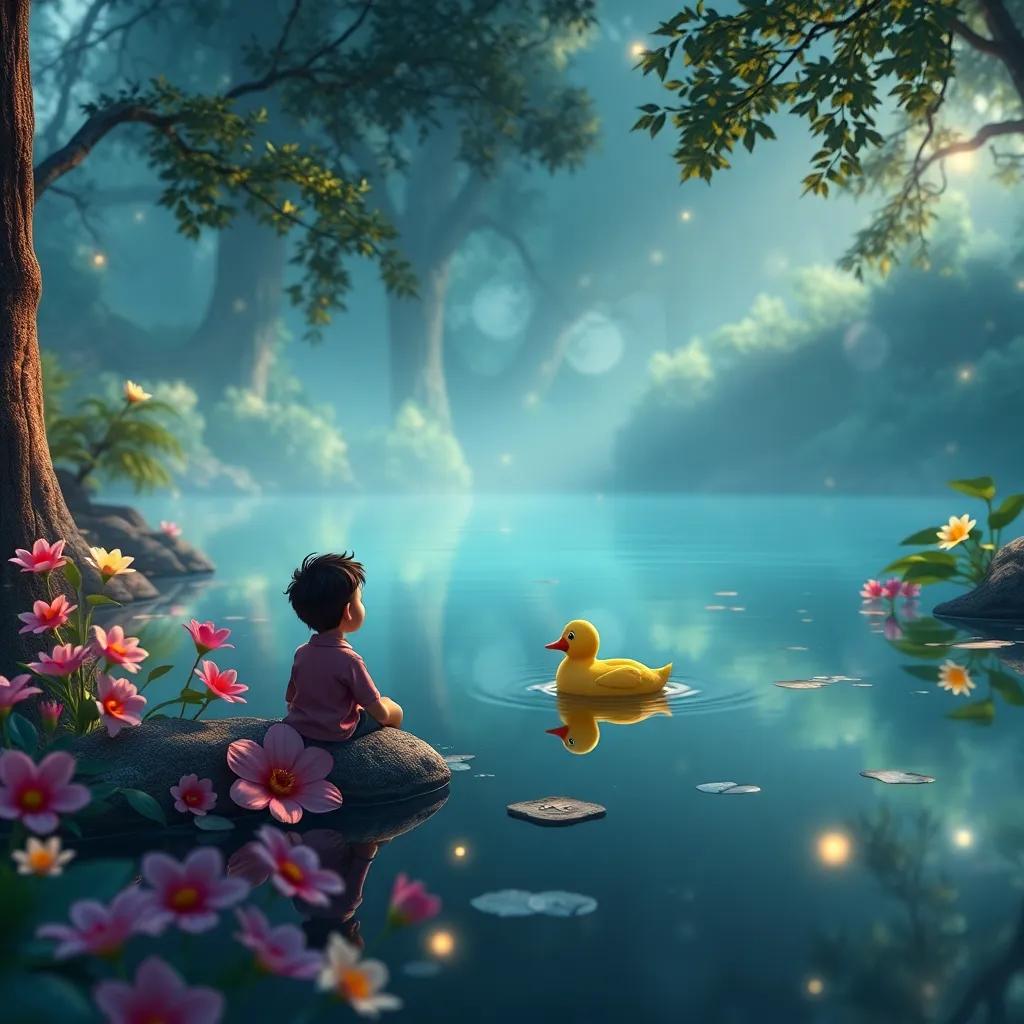 Un lago cristalino en el bosque, con Lucas mirando su reflejo y un pez dorado sonriendo, rodeado de flores de colores y luces brillantes, digital art, sereno, colores vivos, perspectiva amplia, alta calidad