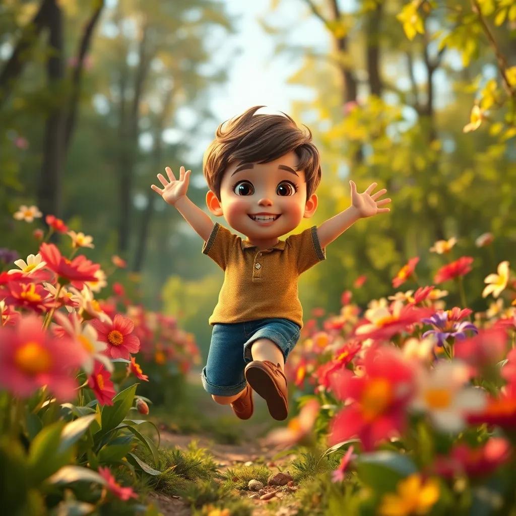 Lucas, saltando entre flores danzantes en el bosque, su sonrisa llena de alegría mientras los colores de las flores brillan bajo el sol, digital art, alegre, atmósfera festiva, perspectiva en ángulo bajo, alta calidad