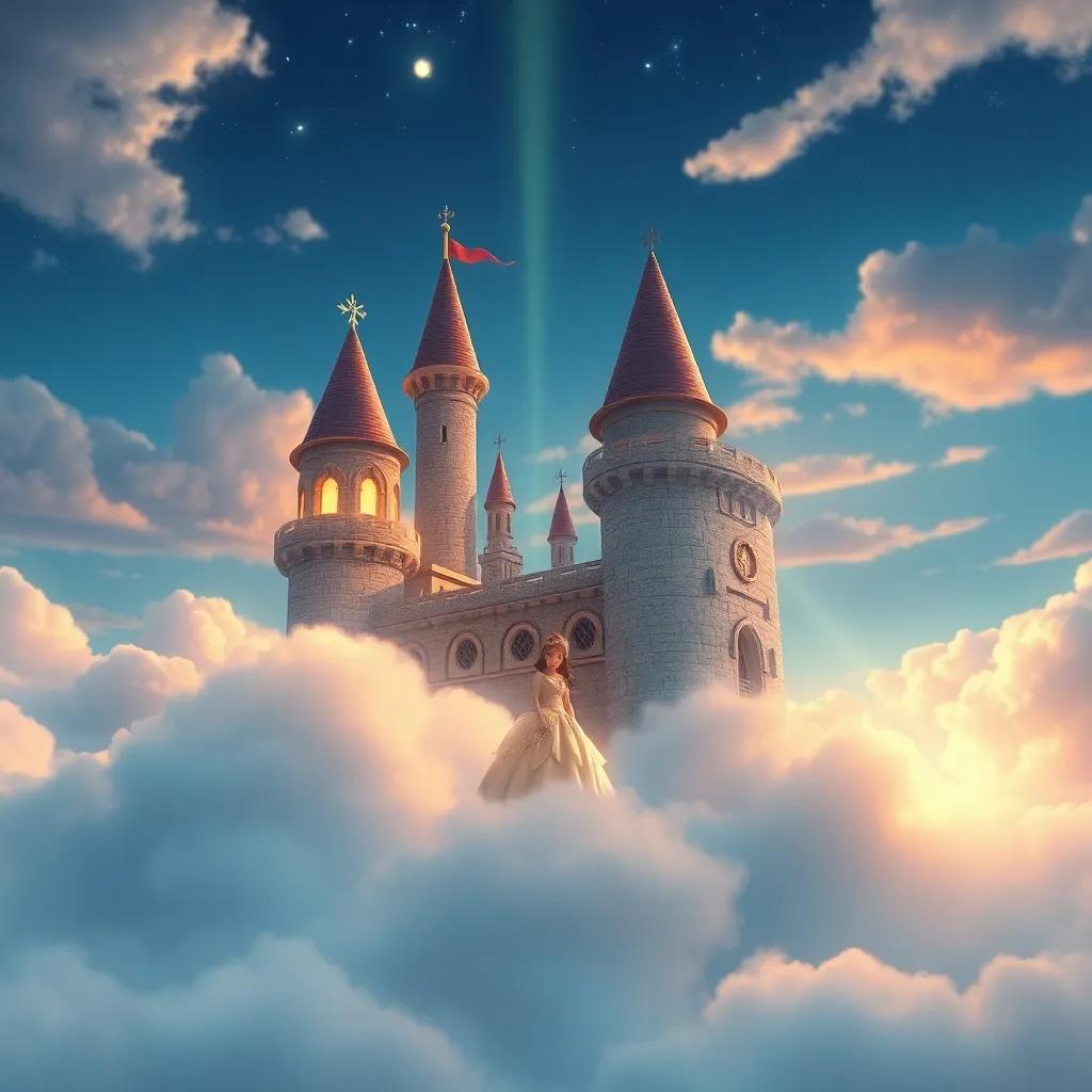Lucas en un castillo en el cielo, rodeado de nubes suaves y la princesa amable en un vestido brillante, iluminados por un hermoso arcoíris, digital art, encantador, colores vivos, ángulo desde arriba, alta calidad
