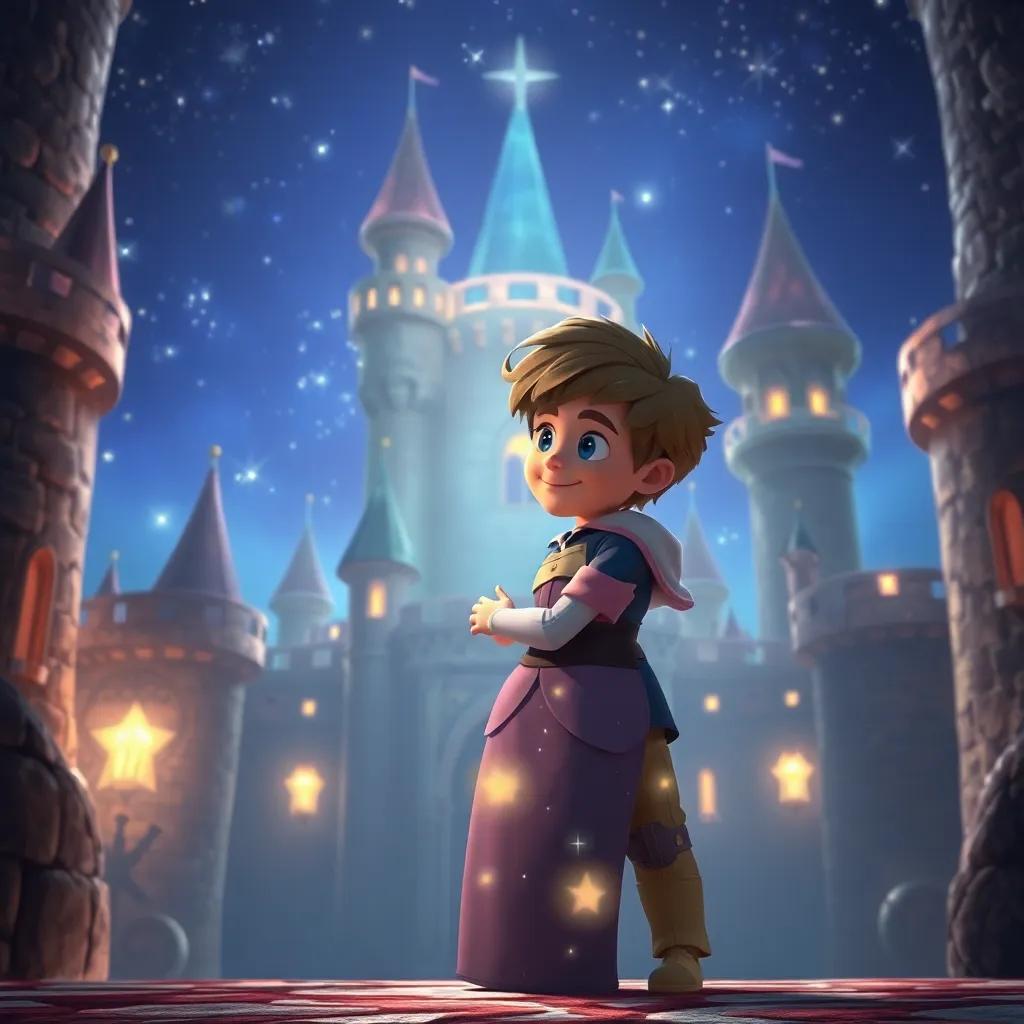 Lucas abrazando a la princesa en el castillo, sonrientes y rodeados de luces mágicas, con un fondo de estrellas brillantes, digital art, cálido, atmósfera mágica, perspectiva cercana, alta calidad