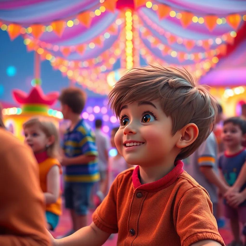 Lucas en un carnaval colorido, disfrutando de juegos, luces y música con otros niños riendo, digital art, festivo, colores vivos, perspectiva panorámica, alta calidad
