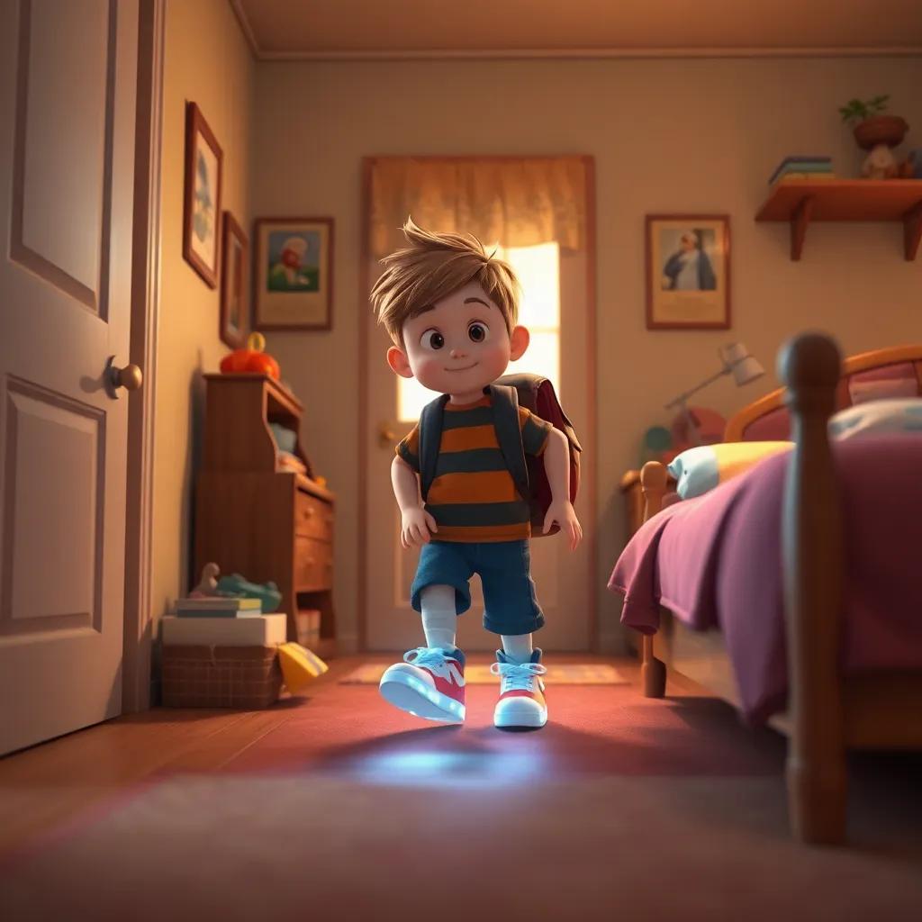 Lucas regresando a casa después de un largo día de aventuras, sus zapatos brillantes en su habitación, digital art, nostálgico, atmósfera cálida, enfoque en el niño, alta calidad