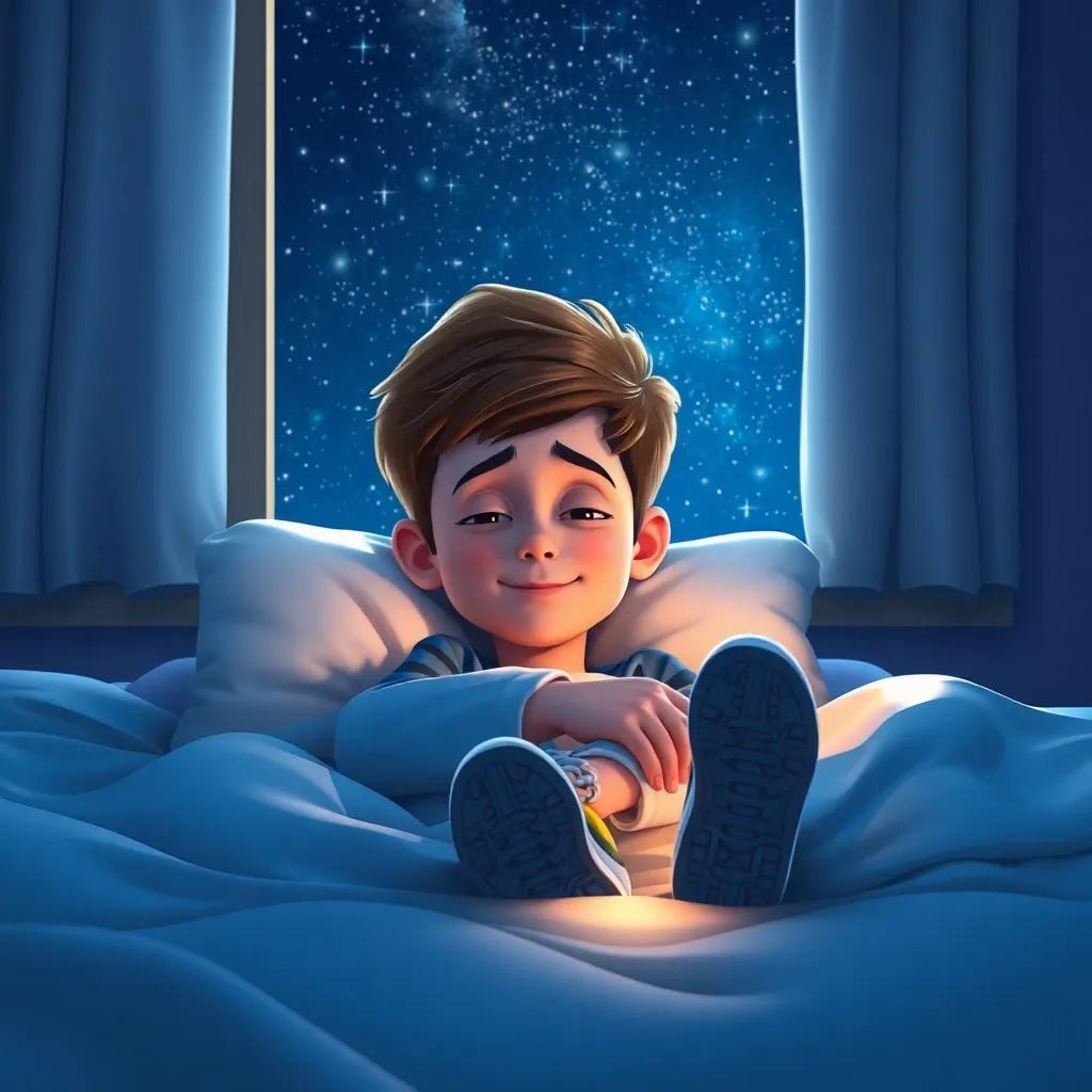Lucas durmiendo en su cama con una sonrisa en su rostro, los zapatos brillantes cerca de su almohada, bajo un cielo estrellado a través de la ventana, digital art, tranquilo, atmósfera mágica, perspectiva de la habitación, alta calidad
