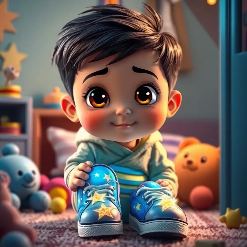 Un chico, Carlos, con cabello oscuro y ojos brillantes, usando unos zapatos brillantes de color azul con estrellas doradas, sentado en su habitación, rodeado de juguetes, una atmósfera mágica y acogedora, digital art, colorido, encantador, alta calidad
