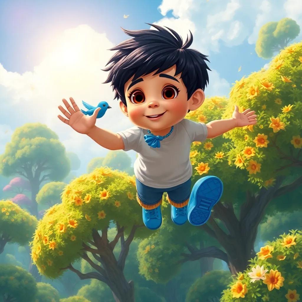 Carlos, un chico con cabello oscuro y zapatos azules brillantes, volando sobre un mundo mágico lleno de árboles gigantes y flores que ríen, un pájaro azul en su hombro, un cielo brillante, digital painting, vibrante y colorido, día soleado, alta calidad