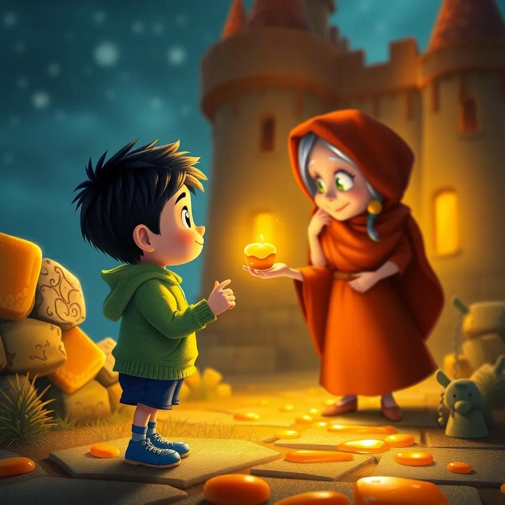 Carlos, un chico con cabello oscuro, de pie frente a un castillo de caramelos, con una anciana sonriente que le ofrece un dulce, un camino de caramelo brillante en el fondo, estilo cuento de hadas, encantador y mágico, alta calidad