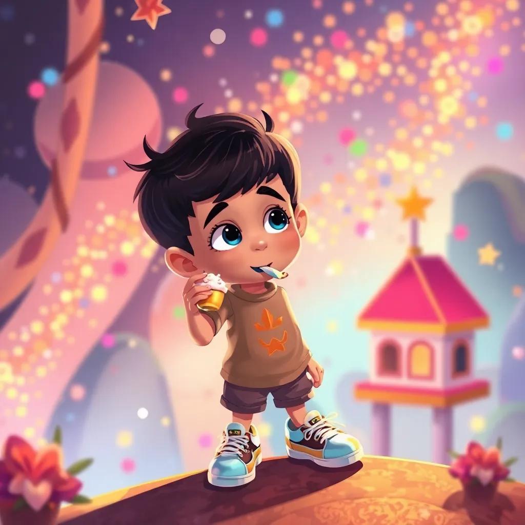 Carlos, un chico con cabello oscuro y zapatos brillantes, disfrutando de un dulce mágico, mientras se despide de un mundo colorido, cargado de recuerdos, fondo de paisajes de colores brillantes, ilustración enriquecida, vibrante e inspiradora, alta calidad