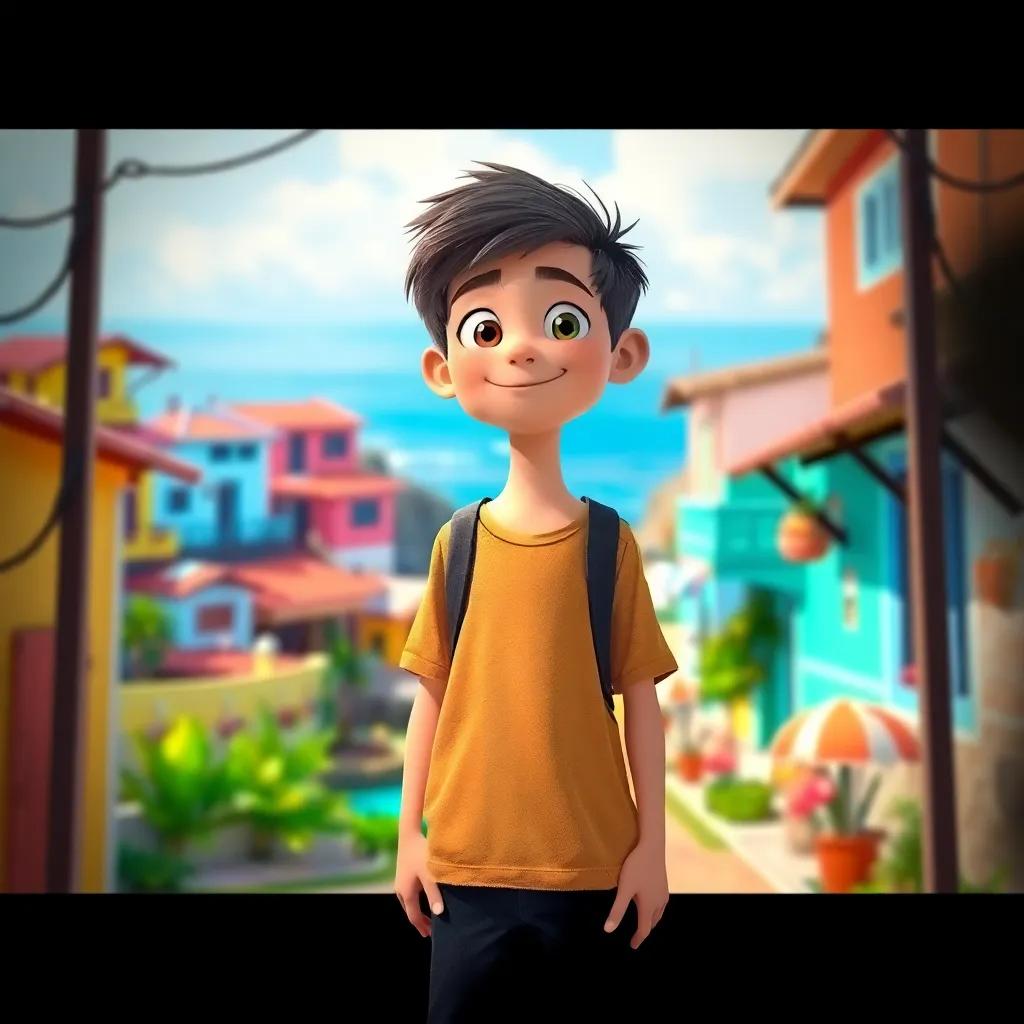 A brave boy named Lucas, who is 13 years old, standing in a colorful coastal village in Ecuador with bright houses and a warm sea breeze, digital art, cheerful atmosphere, vibrant colors, child-friendly perspective, high quality