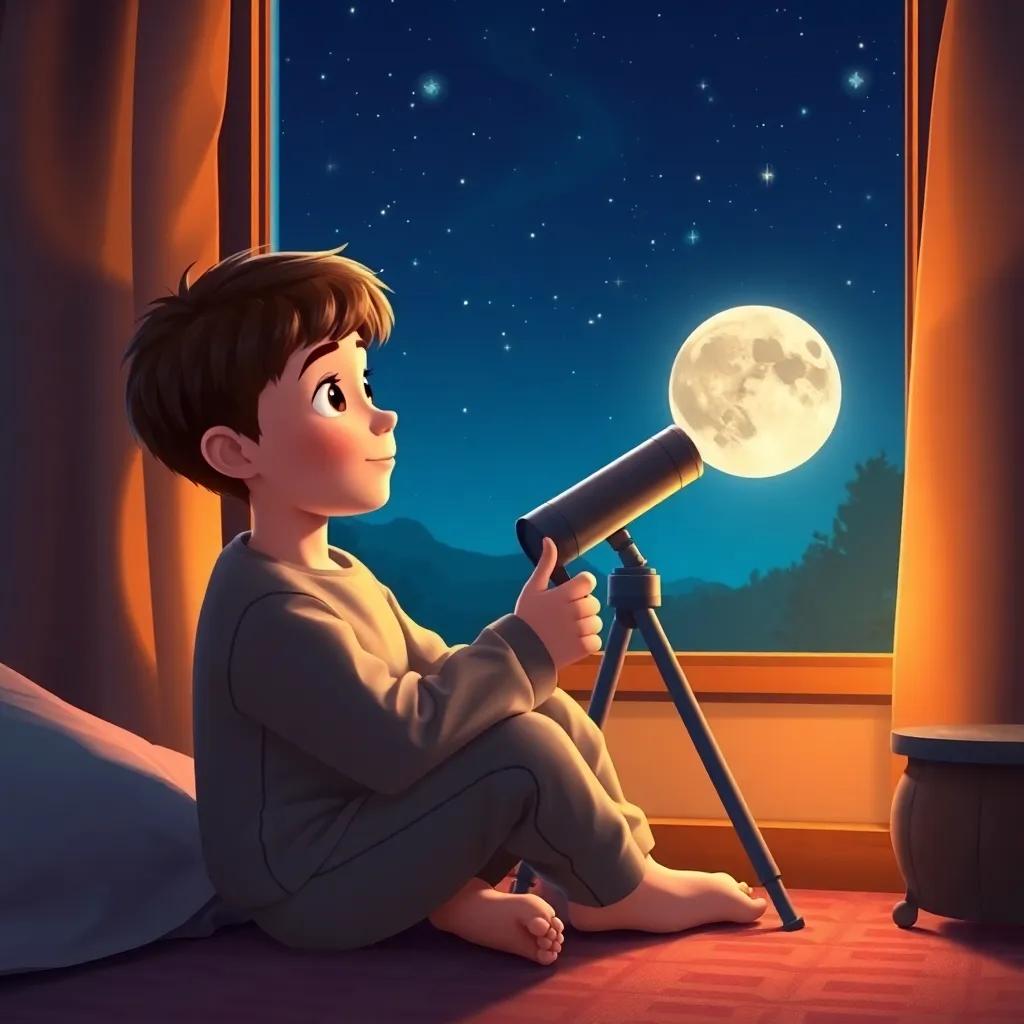 A young boy named Lucas, with short brown hair, wearing comfortable pajamas, sitting by his bedroom window, looking through a telescope at the shining moon and stars, digital art, warm tones, magical atmosphere, high-quality