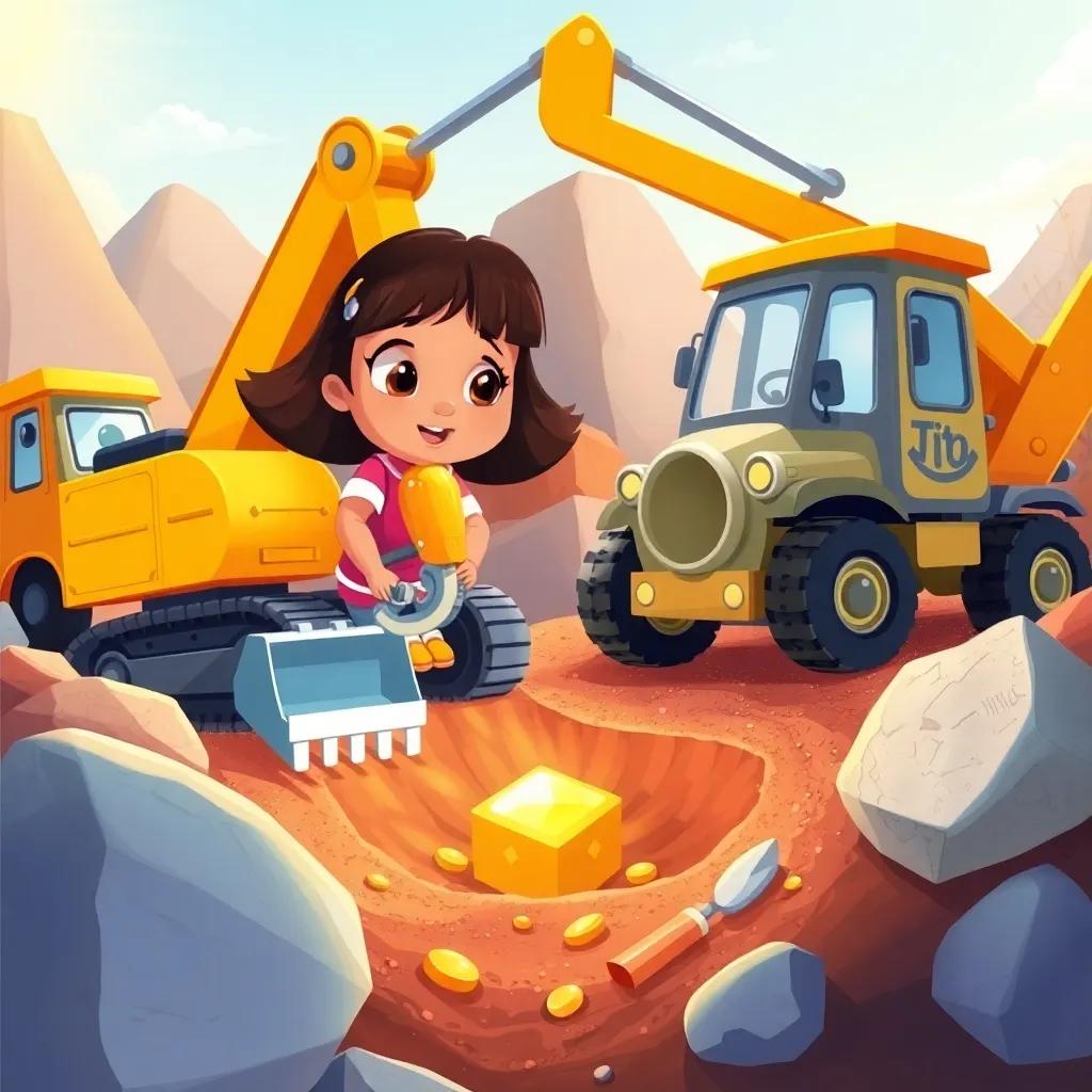 Nora the excavator discovering a shiny treasure hidden in the ground, surrounded by amazed vehicles like a round truck named Tito, in a colorful construction site, illustration, exciting and adventurous, warm sunlight, heartwarming scene, high quality