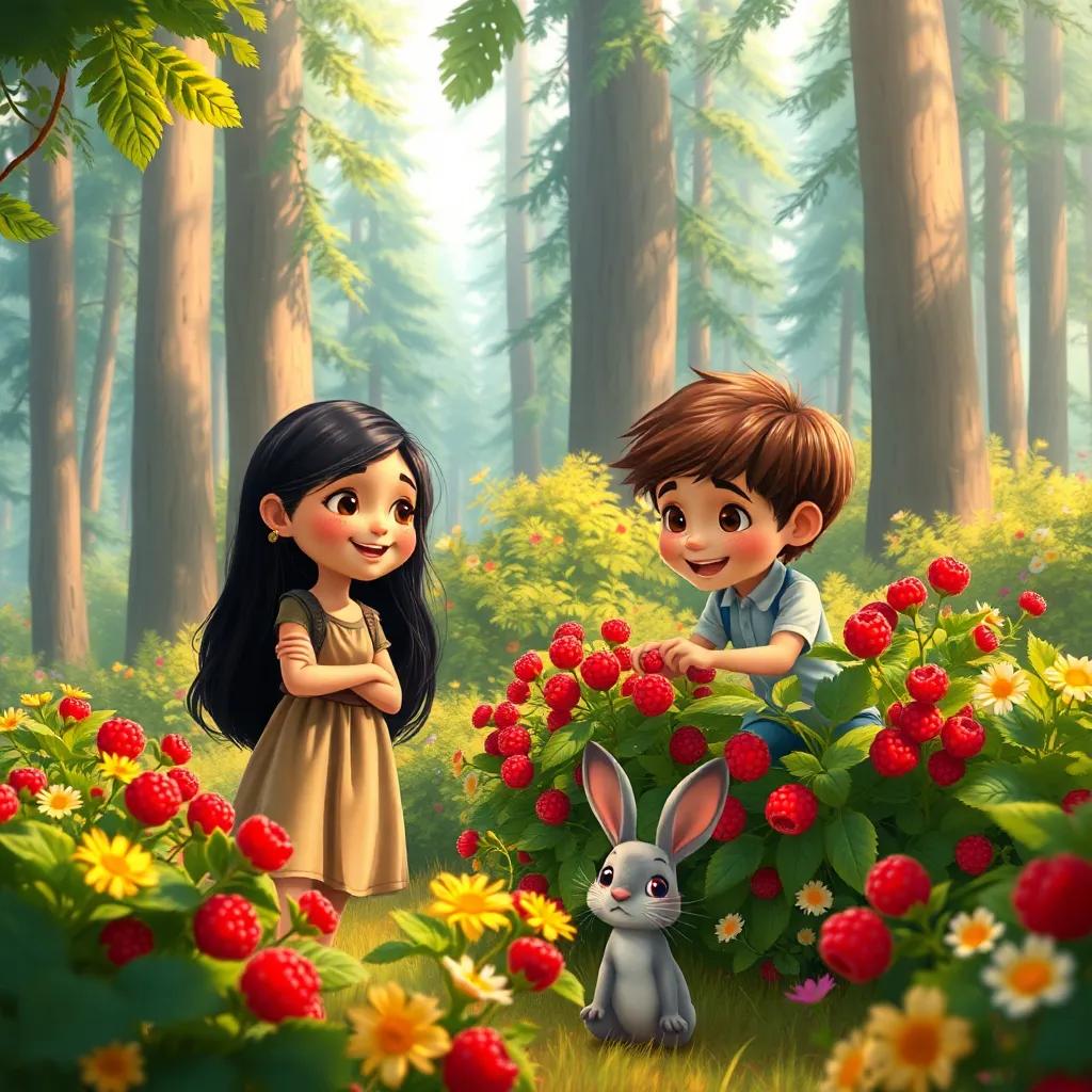 In a beautiful forest, Sara, a brave young girl with long black hair wearing a simple dress, and Sebastián, a cheerful boy with short brown hair, joyfully picking red raspberries from bushes, surrounded by tall trees and colorful flowers, a curious little rabbit watching them, warm light, colorful and vibrant, digital painting
