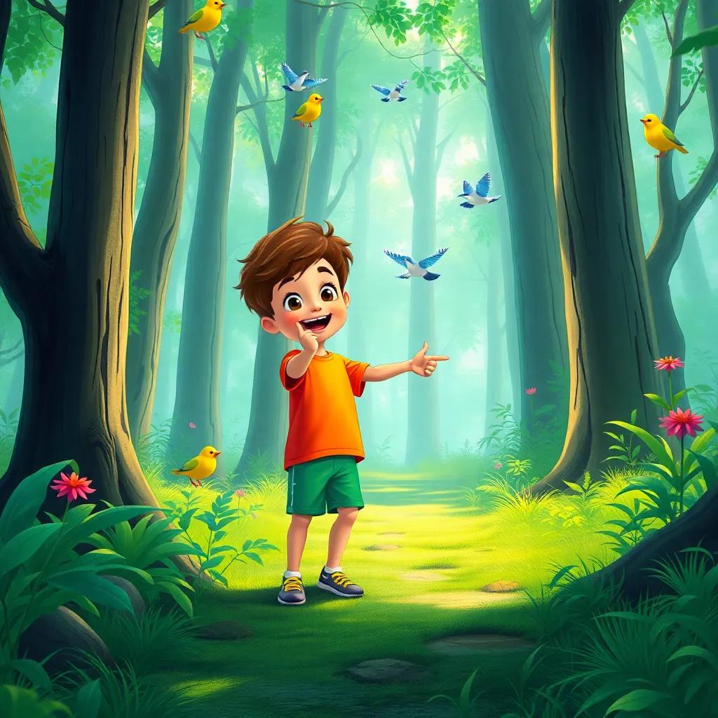 A young boy, Sasha, wearing a bright t-shirt and shorts, exploring a green forest path, excited and pointing, with tall trees and singing birds around him, digital art, cheerful, vibrant colors, playful atmosphere, high quality