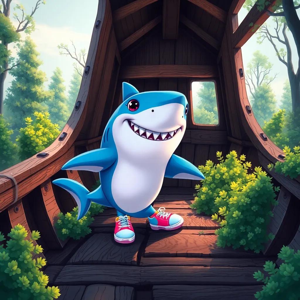 A whimsical shark, Tralalero Tralala, with colorful shoes and a big smile, inside an old abandoned ship surrounded by trees and bushes, inviting and friendly look, digital illustration, colorful, magical feel, child-friendly design, high quality
