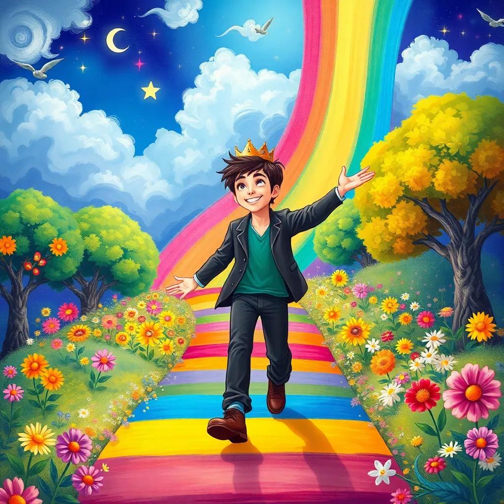 Sergio crossing a colorful rainbow to a magical world, flowers singing around him, cheerful trees dancing, bright and whimsical surroundings, illustration, joyful scene, high quality