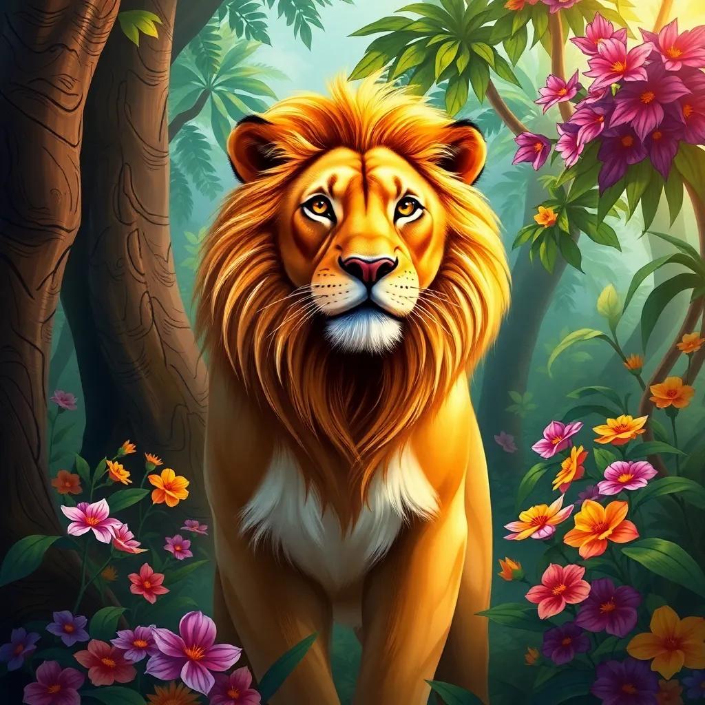 A lioness, Sonia, with a golden brown mane, looking determined and standing tall in the jungle, surrounded by trees and colorful flowers, digital art, vibrant colors, joyful atmosphere, high quality