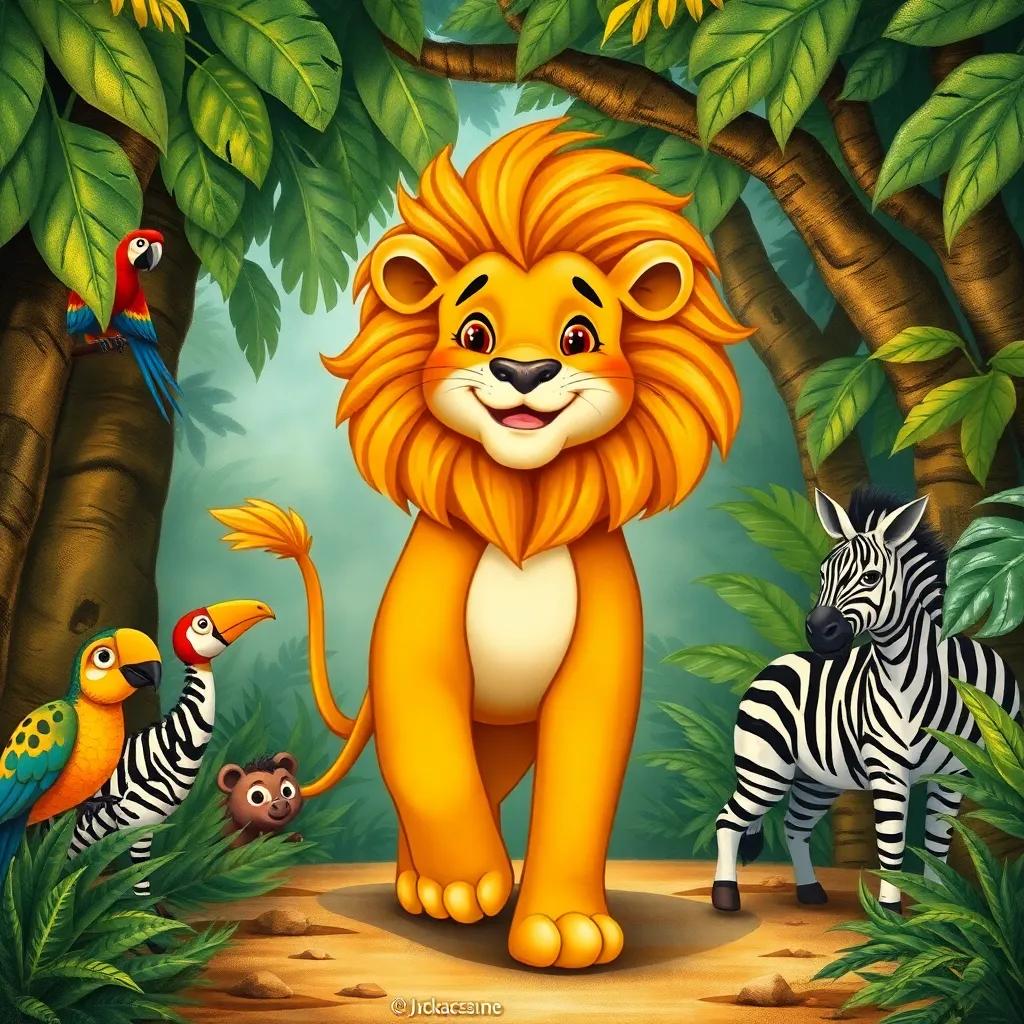 A lioness, Sonia, with a golden brown mane, walking through the jungle with a smile on her face, greeted by various jungle animals like parrots and zebras, illustration, cheerful, adventure-themed, child-friendly