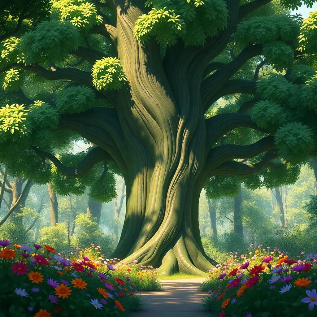 A large green tree, Timo, with a wide trunk and lush leaves, standing in a sunny forest filled with colorful flowers, digital art, warm light, vibrant colors, cheerful atmosphere, high quality