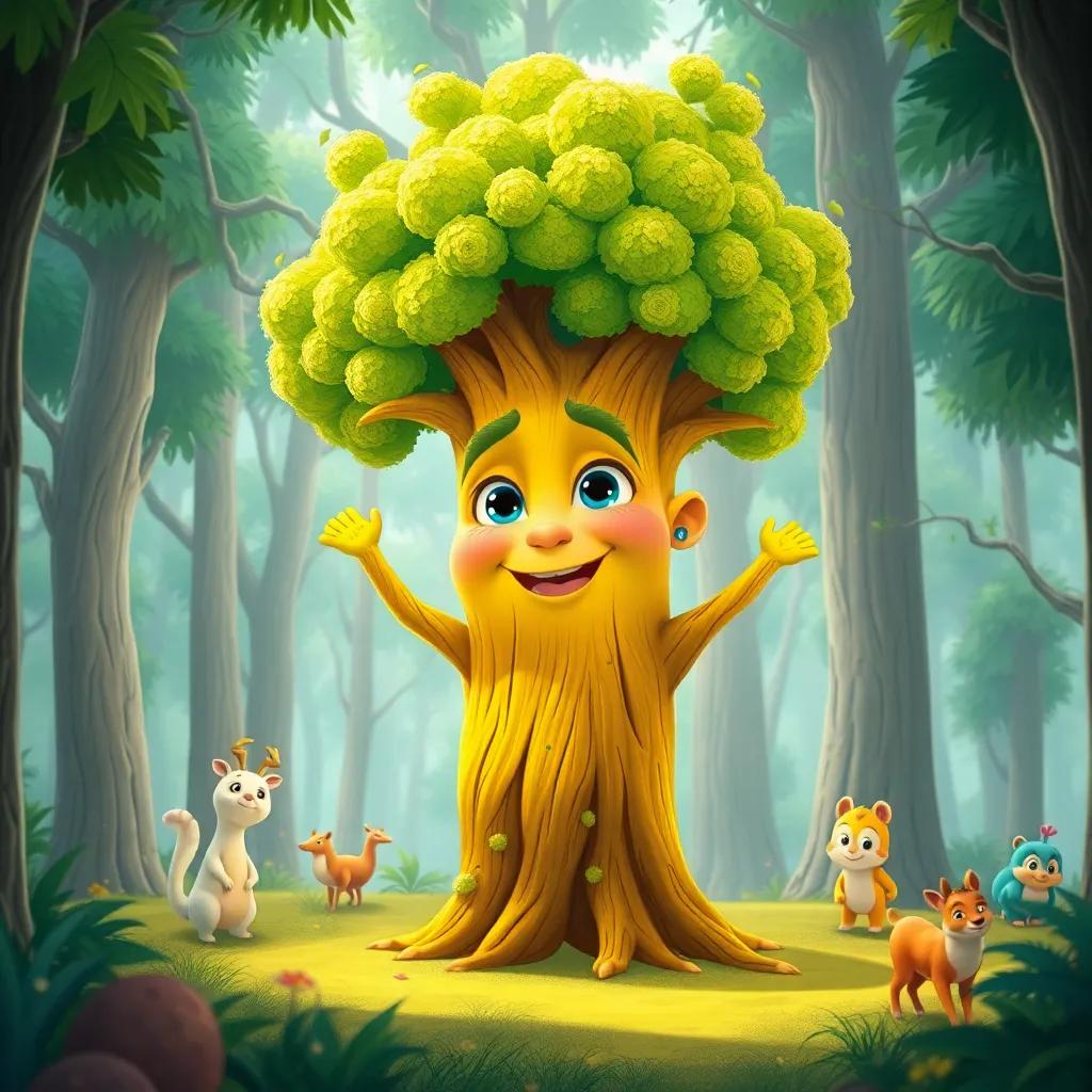 A vibrant green tree, Timo, imagining himself with legs and moving happily among the forest, surrounded by trees and animals, illustration, playful, bright colors, engaging view, cheerful