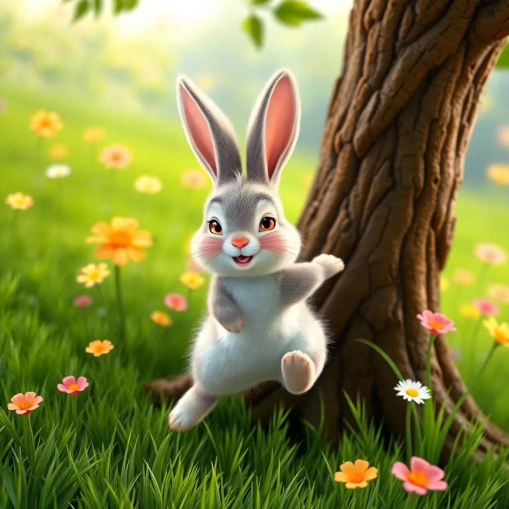A playful rabbit, with fluffy fur and big ears, hopping around Timo the tree, with green grass and bright flowers, digital artwork, friendly atmosphere, colorful scenery, child-friendly