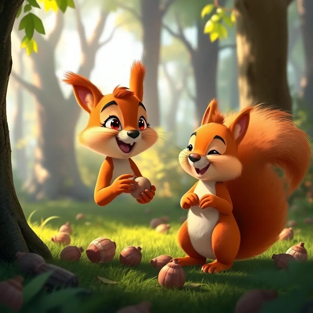 A cheerful squirrel, with bushy tail, gathering nuts and speaking to Timo, in a lively forest with sunlight filtering through the trees, digital painting, lively, vibrant colors, engaging imagery