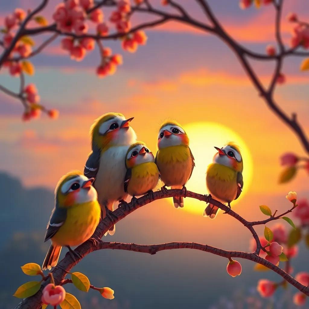 A family of small birds, perched on Timo's branches, singing harmoniously, with a beautiful sunset in the background, magical atmosphere, warm colors, cheerful setting, high quality