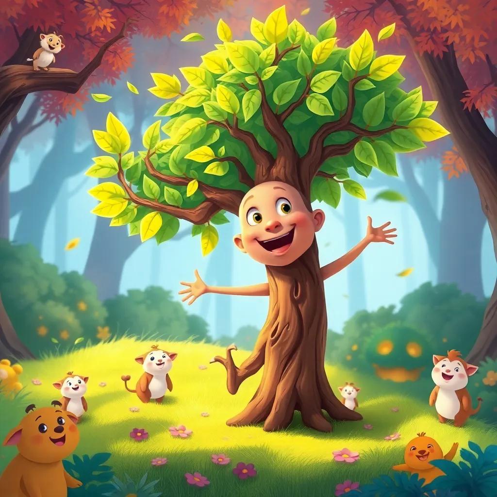 Timo the tree dancing with the wind, his leaves swaying joyfully with the breeze, surrounded by a happy forest scene with smiling animals, digital painting, uplifting, vibrant colors, child-friendly