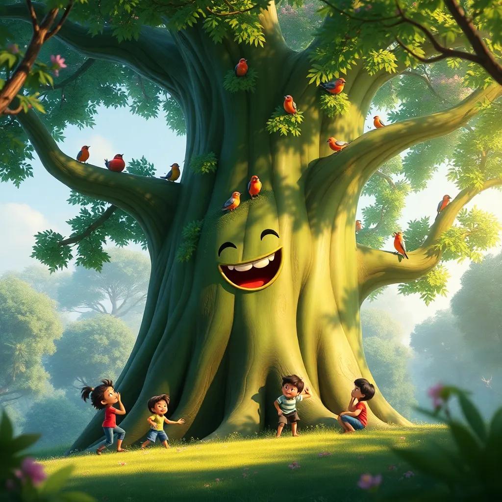 Timo, the large green tree, filled with joy, with birds resting on him and kids playing under his shade, in a lively forest, digital artwork, cheerful atmosphere, bright colors, inviting and warm