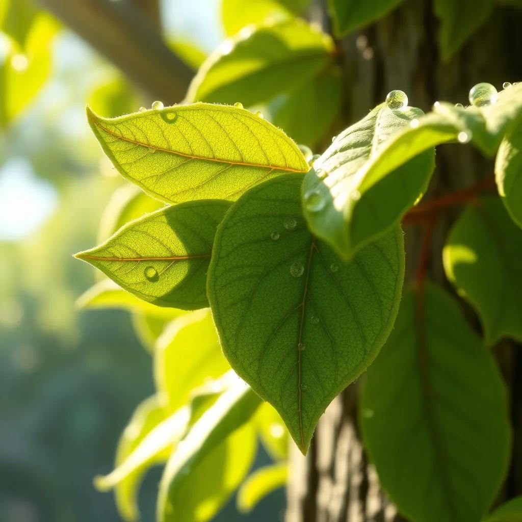 A close-up of Timo's leaves sparkling with dew in the sunlight, showing the beauty of nature and his acceptance of being a tree, artistic illustration, bright, colorful, engaging view, heartwarming