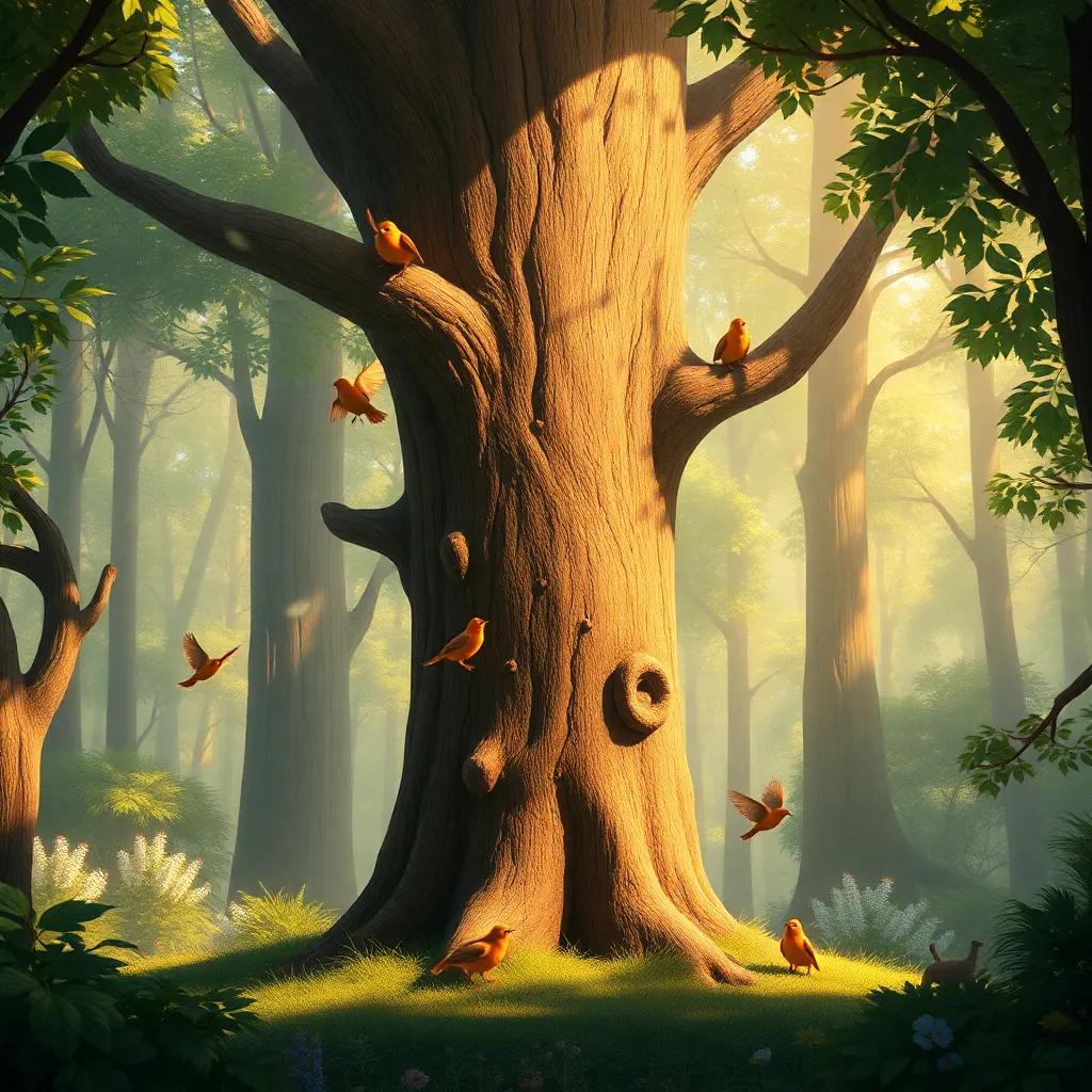 Timo, the tree, standing proudly with birds and animals around him, embracing his role in nature, in a serene forest, with warm light and magical feeling, digital art, vibrant colors, uplifting imagery