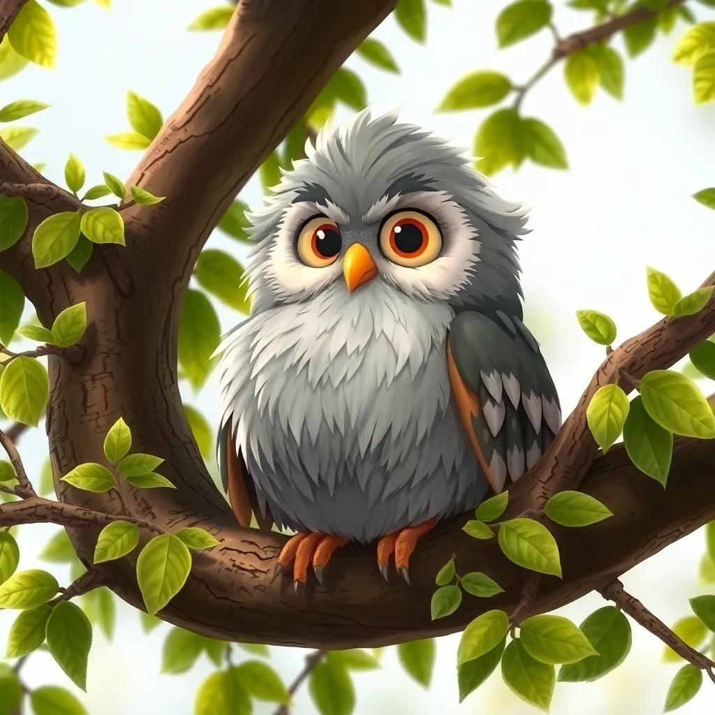 Un búho viejo y sabio, Don Sabio, con plumas grises y ojos grandes, sentado en una rama de árbol, rodeado de hojas verdes, ilustración, amable, mágica, perspectiva detallada