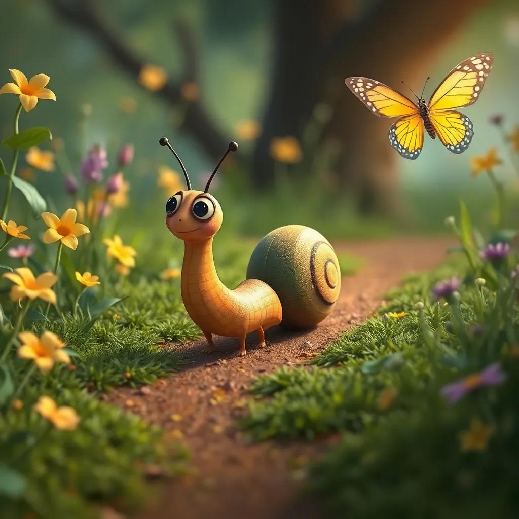 Rufi, el caracol, avanzando lentamente por un camino cubierto de hierba, con flores a los lados y una mariposa colorida volando cerca, digital art, cálido, lleno de vida