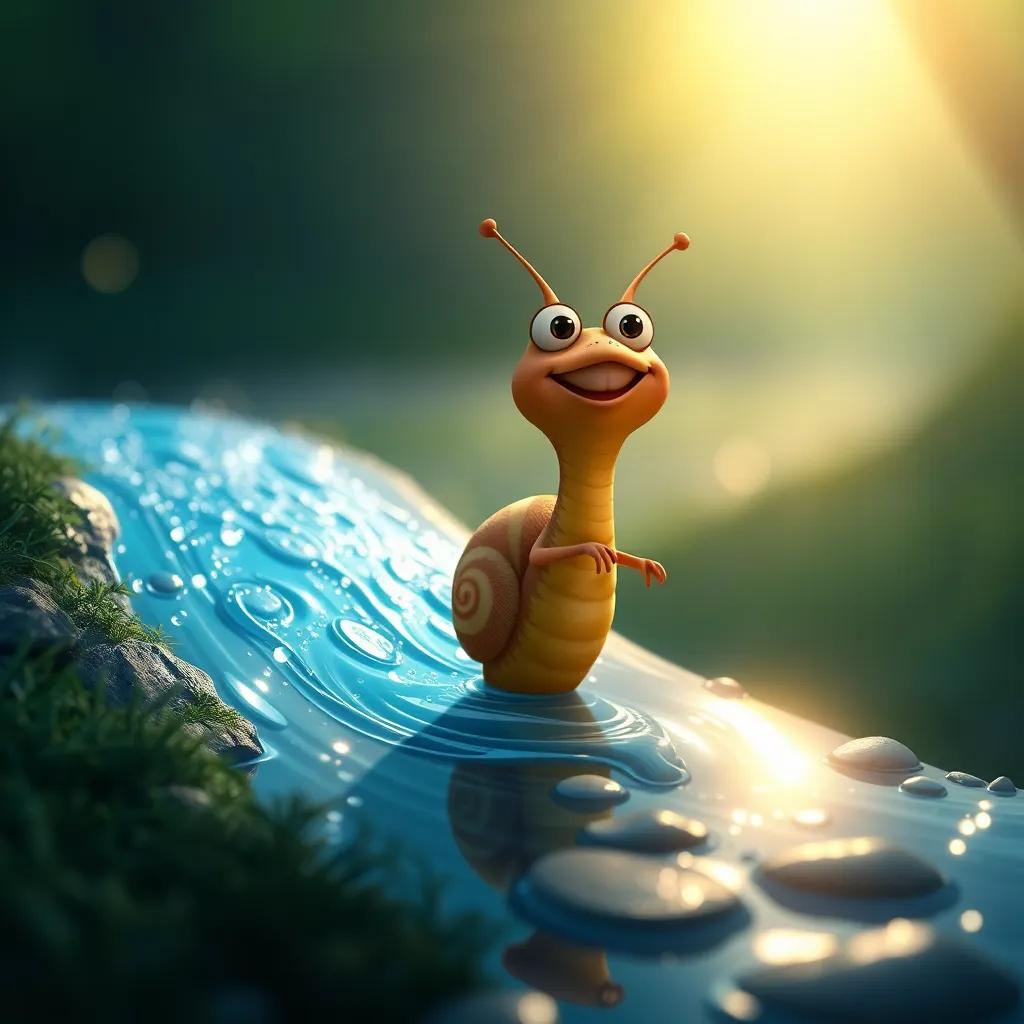 Rufi, el caracol, estirando su cuerpo hacia un arroyo brillante con gotas de agua que brillan bajo el sol, mostrando su sorpresa y felicidad, arte digital, relajante, especial, nostálgico