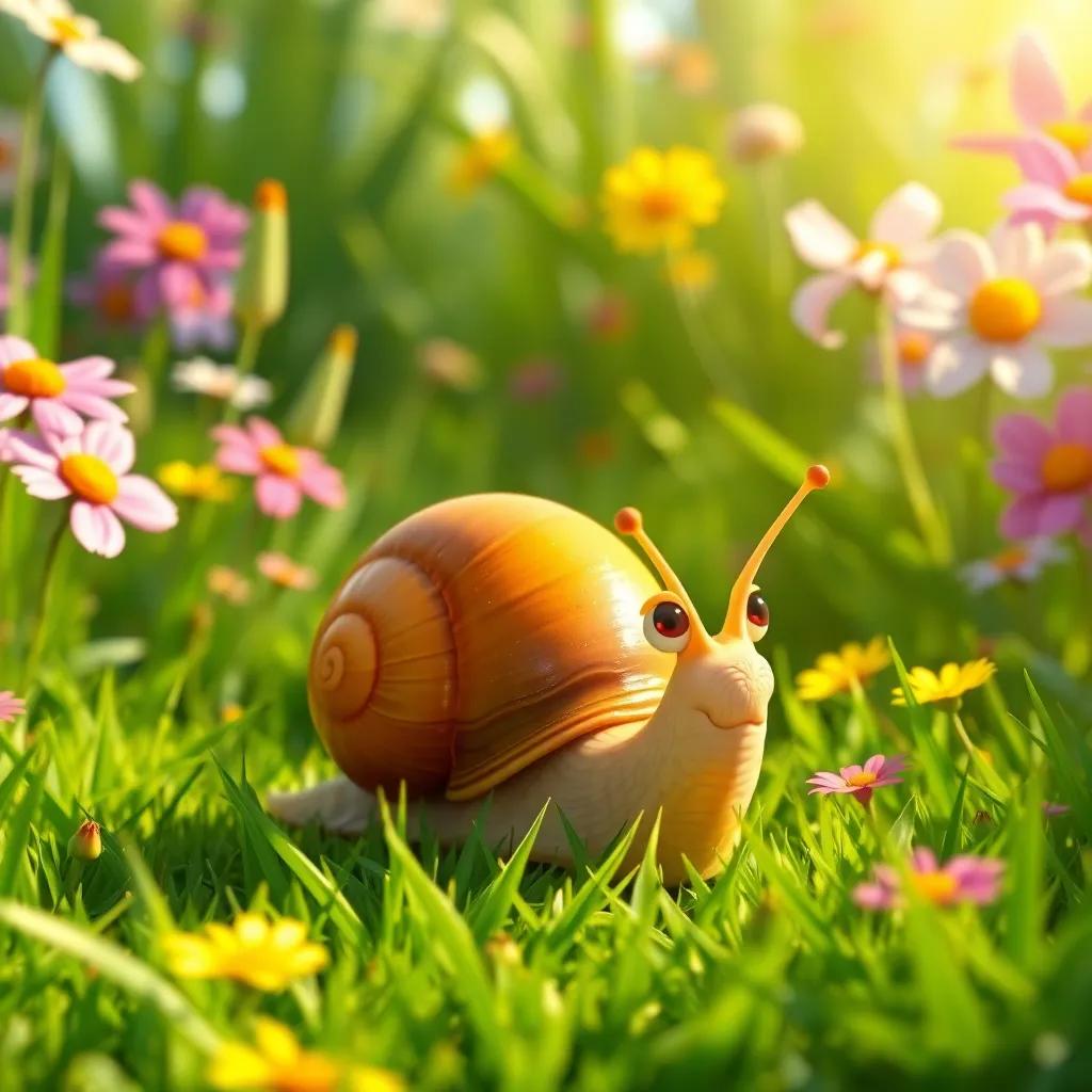 A curious snail named Rufi with a shiny shell, slowly crawling in a vibrant green garden filled with colorful flowers and tall grass, bright sunlight, cheerful atmosphere, detailed digital art, high quality