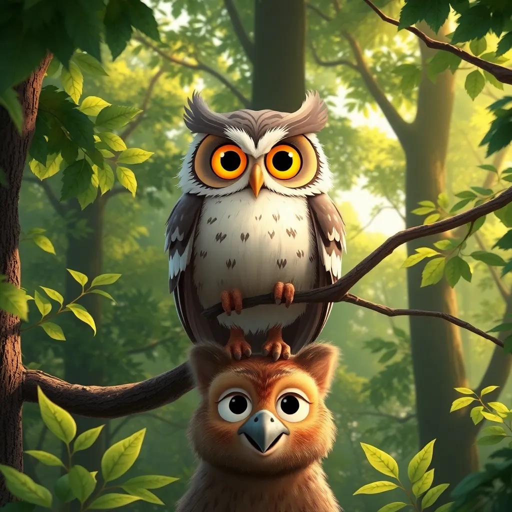 A wise owl named Don Sabio, with big yellow eyes and soft feathers, perched on a branch above Rufi in the forest, surrounded by lush green trees and soft sunlight filtering through the leaves, whimsical style, warm colors