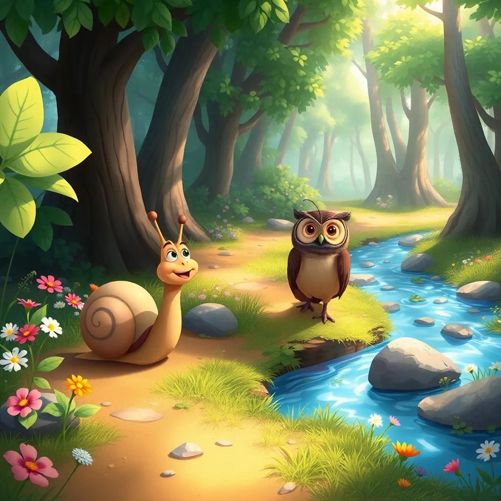Rufi the snail and Don Sabio the owl exploring a beautiful forest path, with hidden trails, sparkling flowers, and a singing river flowing nearby, playful vibe, inviting atmosphere, child-friendly illustration