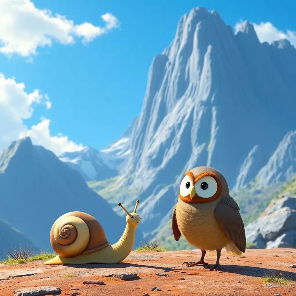 Rufi the snail and Don Sabio the owl standing before a towering mountain, with Rufi looking determined and Don Sabio encouraging him, bright blue sky and soft clouds, inspirational mood, vibrant colors