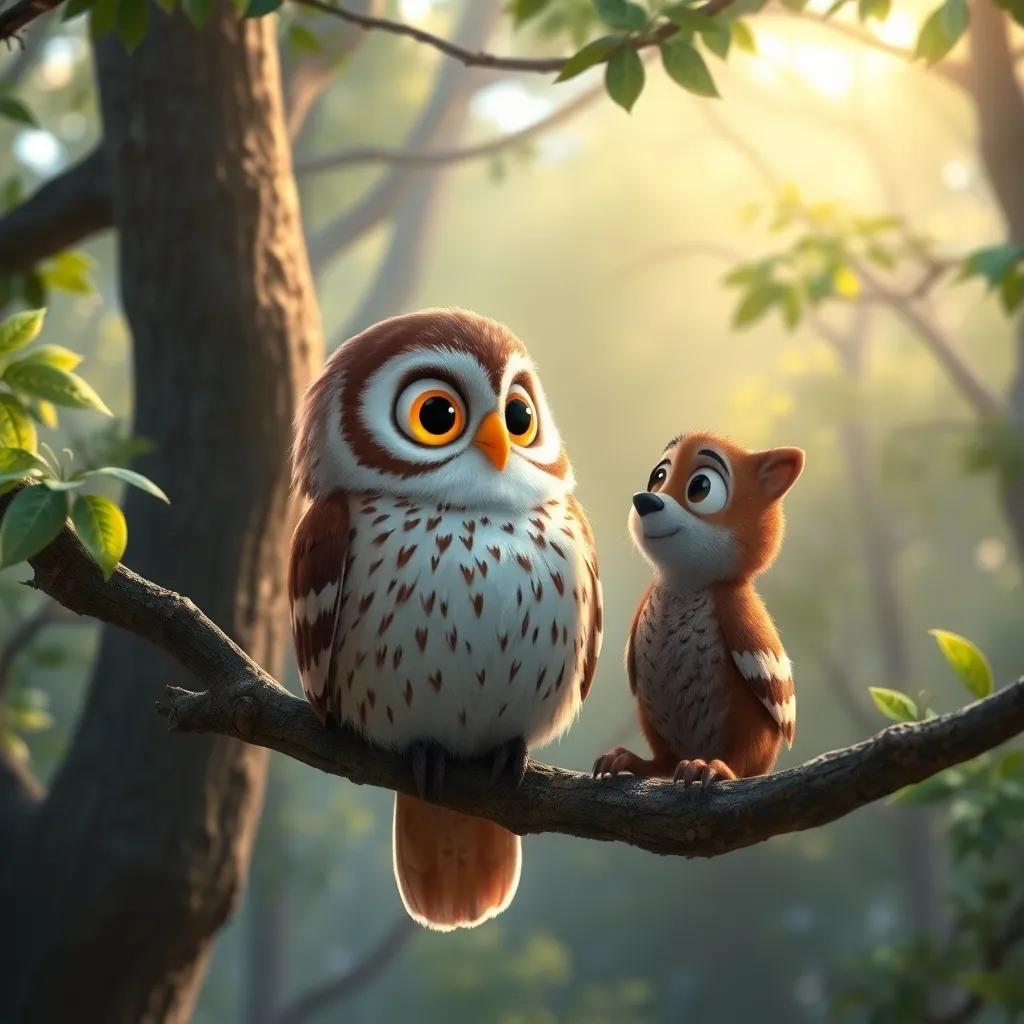 Oliver, un búho sabio, con plumas marrones y ojos grandes y amarillos, posado en una rama de árbol mientras habla con Rufi, con un fondo de bosque mágico, soft light, natural colors, enchanting scene, high quality