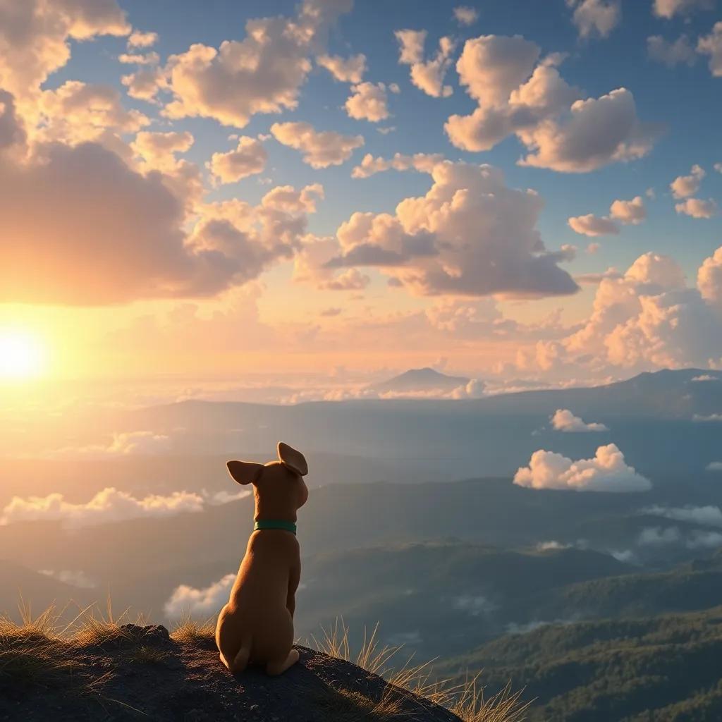 Rufi en una colina alta, mirando un paisaje amplio y hermoso, recordando sus aventuras, con un cielo lleno de nubes suaves y un atardecer brillante, emotional, inspiring scene, high quality
