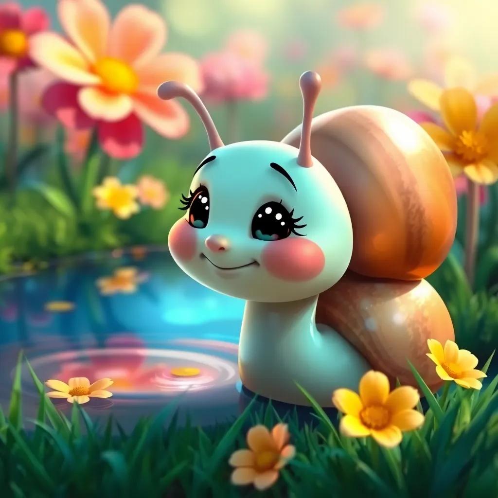 A happy little snail, Ciri, with a shiny shell, gazing into a pond with a dreamy expression, surrounded by bright flowers and green grass, digital art, vibrant colors, cheerful and inviting atmosphere