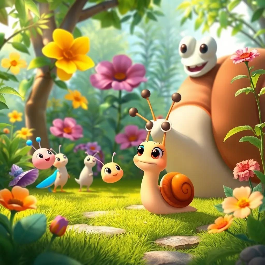 Ciri, a little snail, meeting his friends in a lush garden, expressing determination, with a giant snail named Timo nearby, playful and energetic, colorful illustration, child-friendly