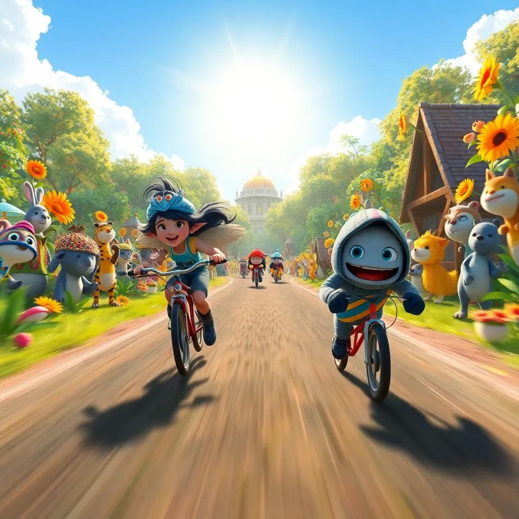 The race begins with Ciri speeding ahead, bright sun shining down, and Timo slowly moving, all the garden animals watching in excitement, dynamic scene, colorful, cheerful atmosphere