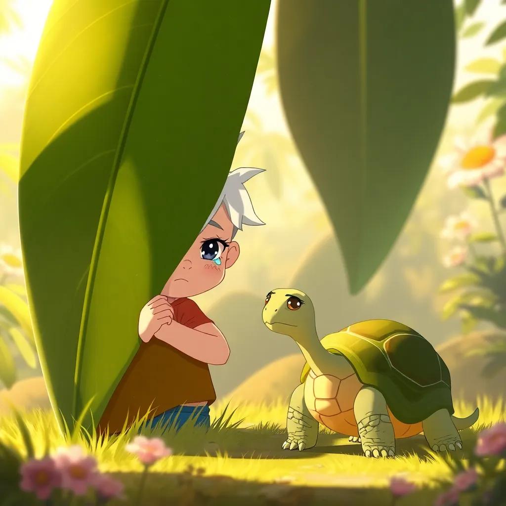 Ciri, feeling sad behind a big leaf, with tears in his eyes, and a wise tortoise named Lía approaching him, bright garden backdrop, warm light, heartwarming illustration