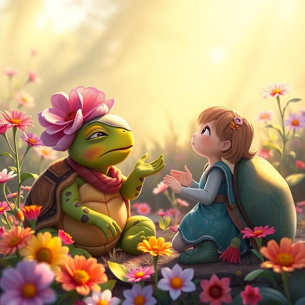 Lía the wise tortoise teaching Ciri to breathe deeply and enjoy the moment, with colorful flowers around, soft sunlight, encouraging atmosphere, digital painting, uplifting