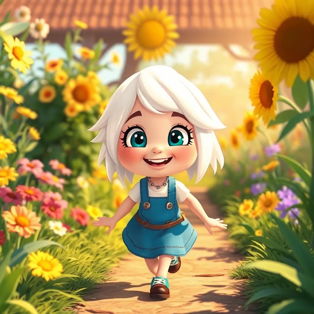 Ciri deciding to try again with a big smile and sparkling eyes, moving slowly but happily through a sunny garden, bright colors, joyful perspective, child-friendly artwork