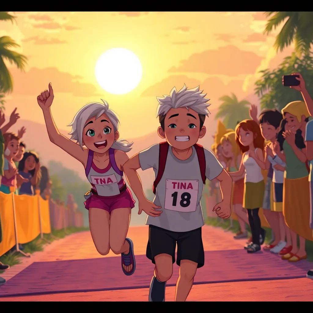 Ciri reaching the finish line, tired but smiling, with Timo arriving too, surrounded by friends cheering, warm sunset light, heartwarming atmosphere, detailed illustration